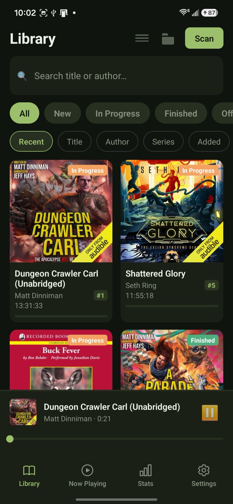 Crane Audiobook Player library grid showing book covers and status filters