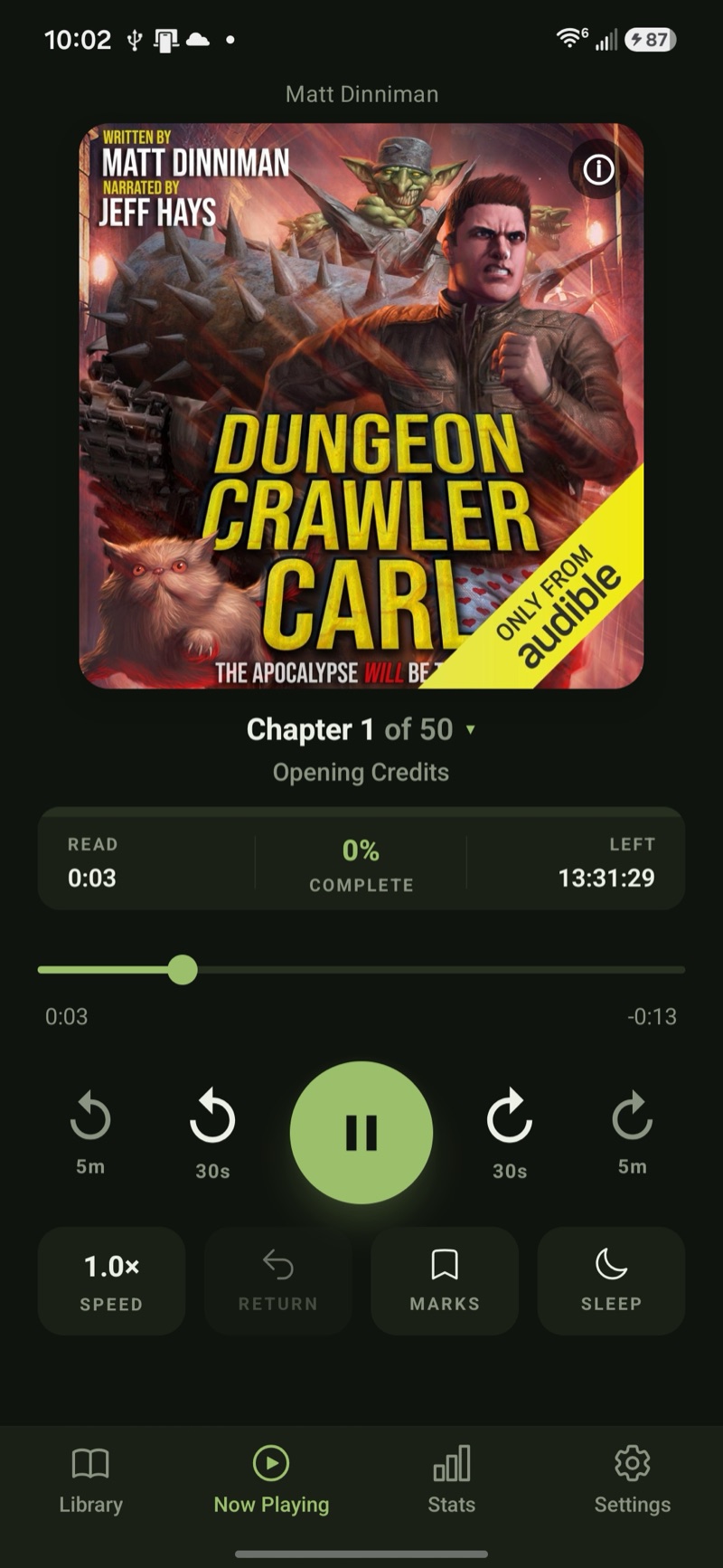 Crane Audiobook Player now-playing screen