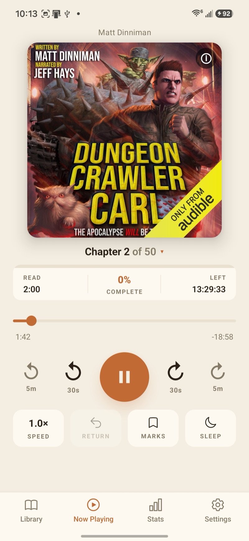 Crane Audiobook Player full player screen with speed, position, and sleep timer